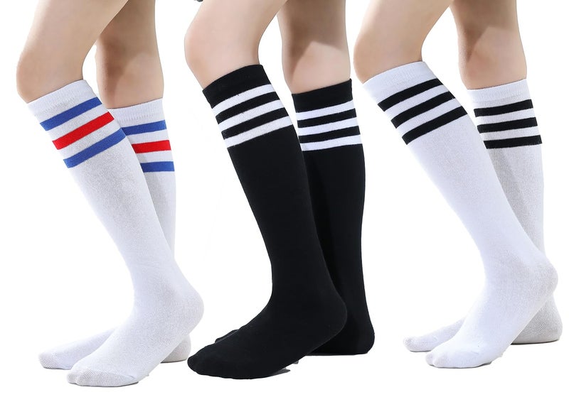 TOCONFFON Knee High Tube Socks for Boys Girls Teens, Kids Soccer School Cotton Uniform Sports Socks 3,4 Pairs(Black&white&white 3 Pairs,8-12) - Image 1